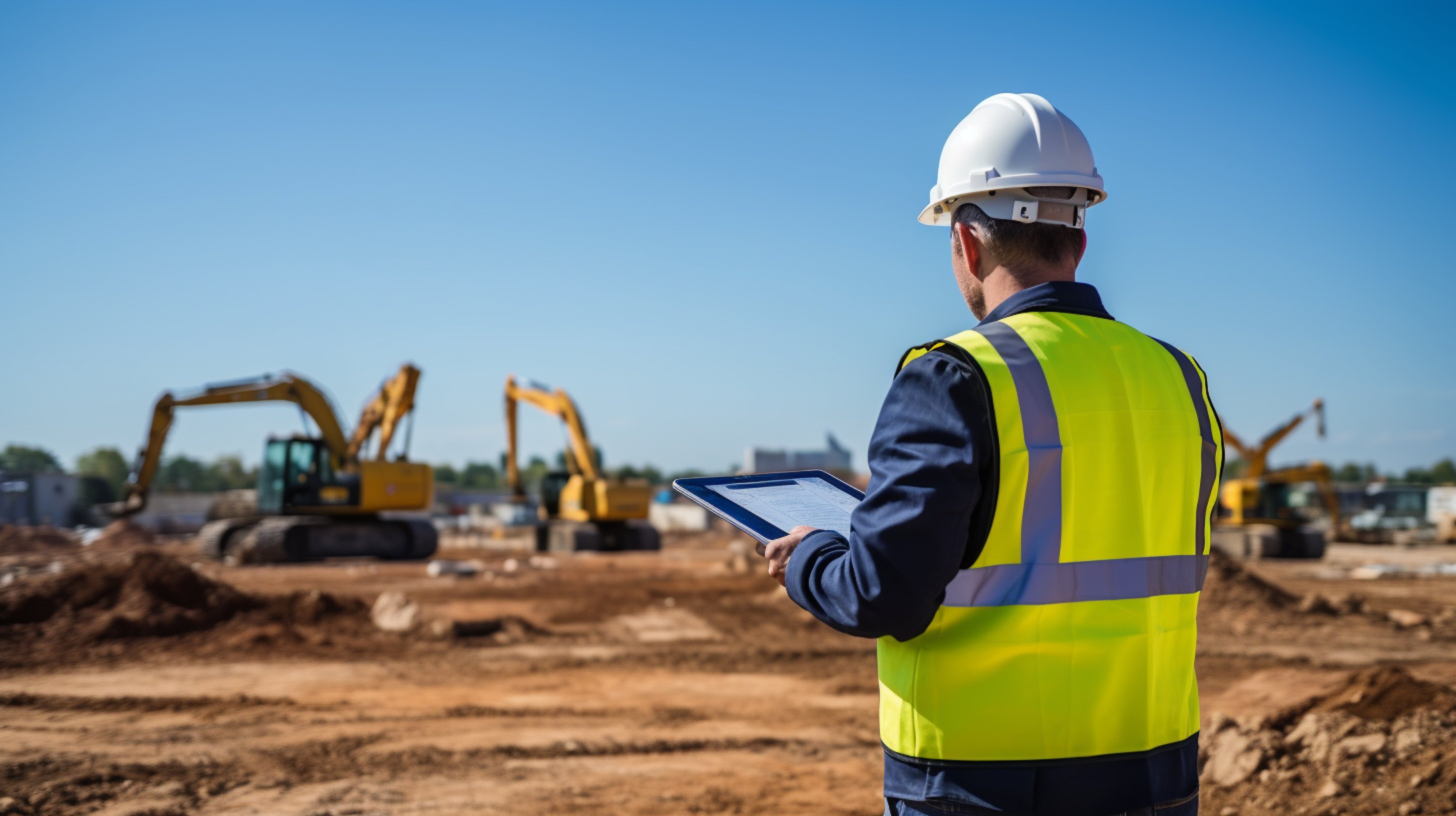 Construction worker on a jobsite holding tablet reviewing plans and digital models