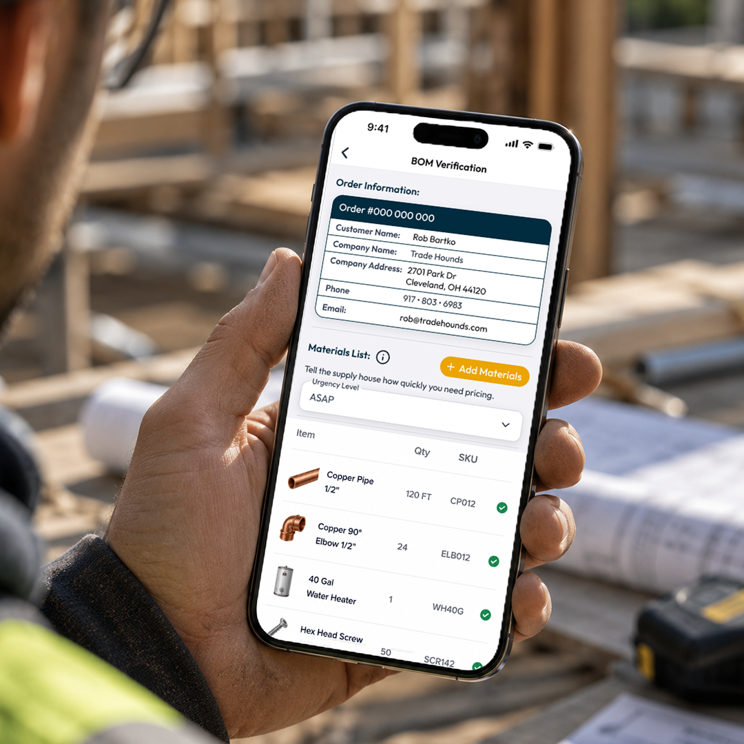 Contractor verifying an AI-generated bill of materials on the Trade Hounds Pro mobile app