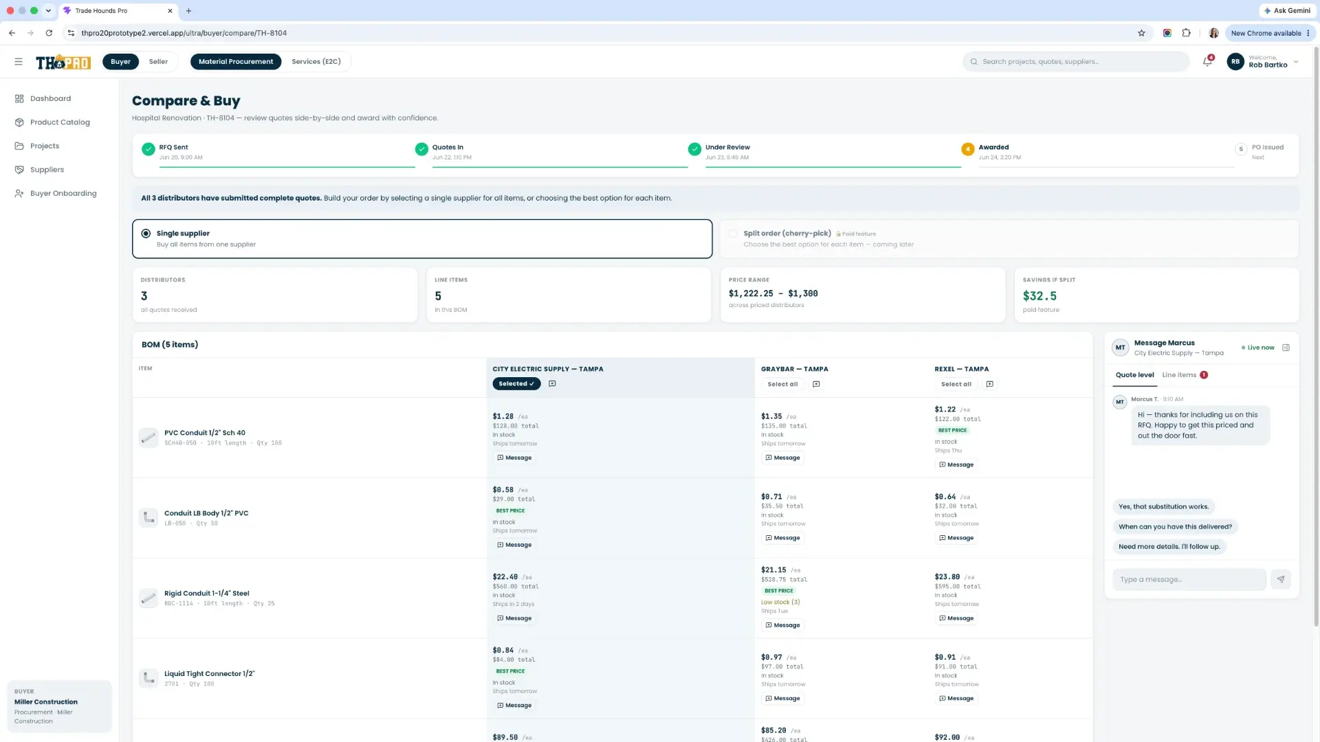 Compare and buy screen showing side-by-side distributor quotes