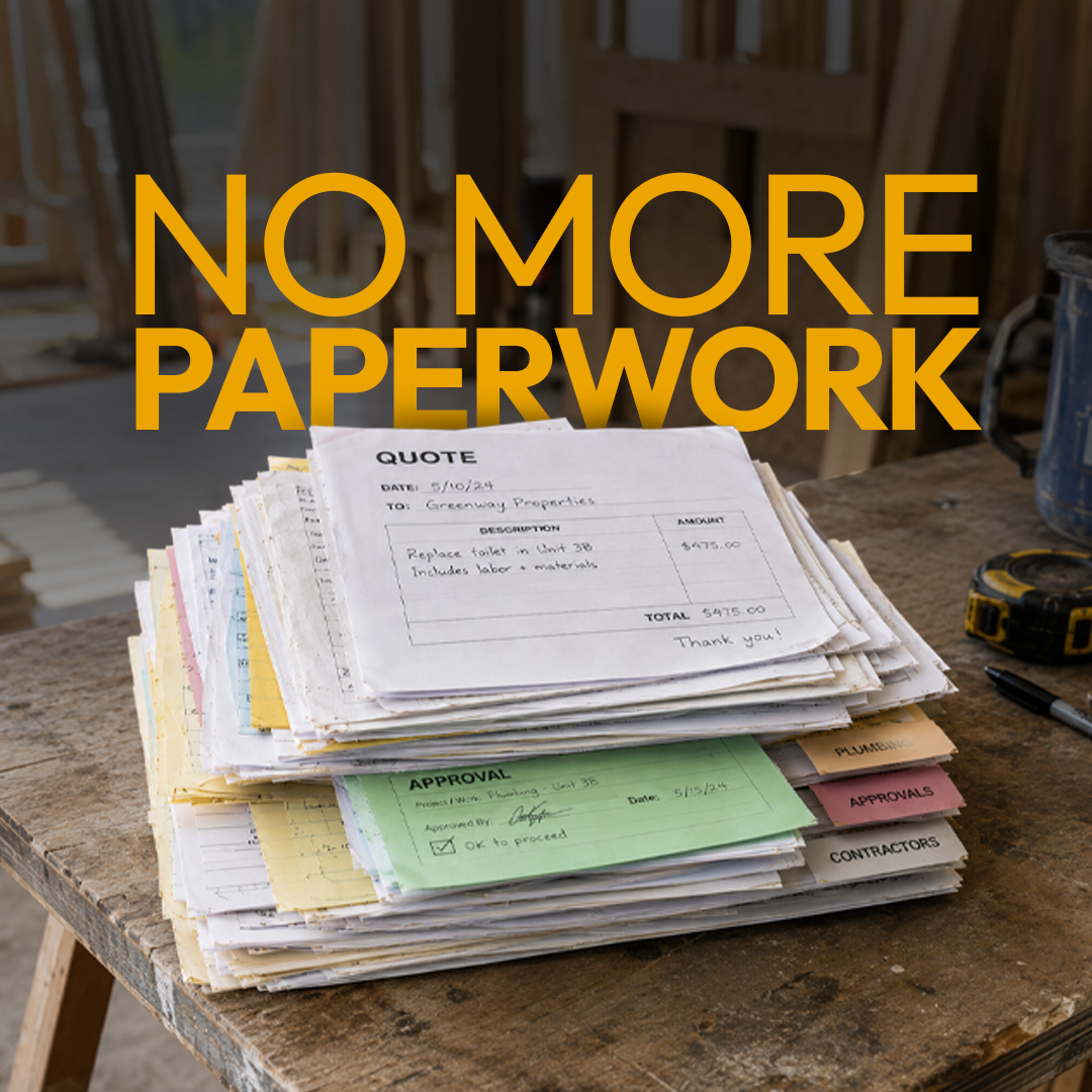 Stack of paper quotes and approvals replaced by Trade Hounds Pro