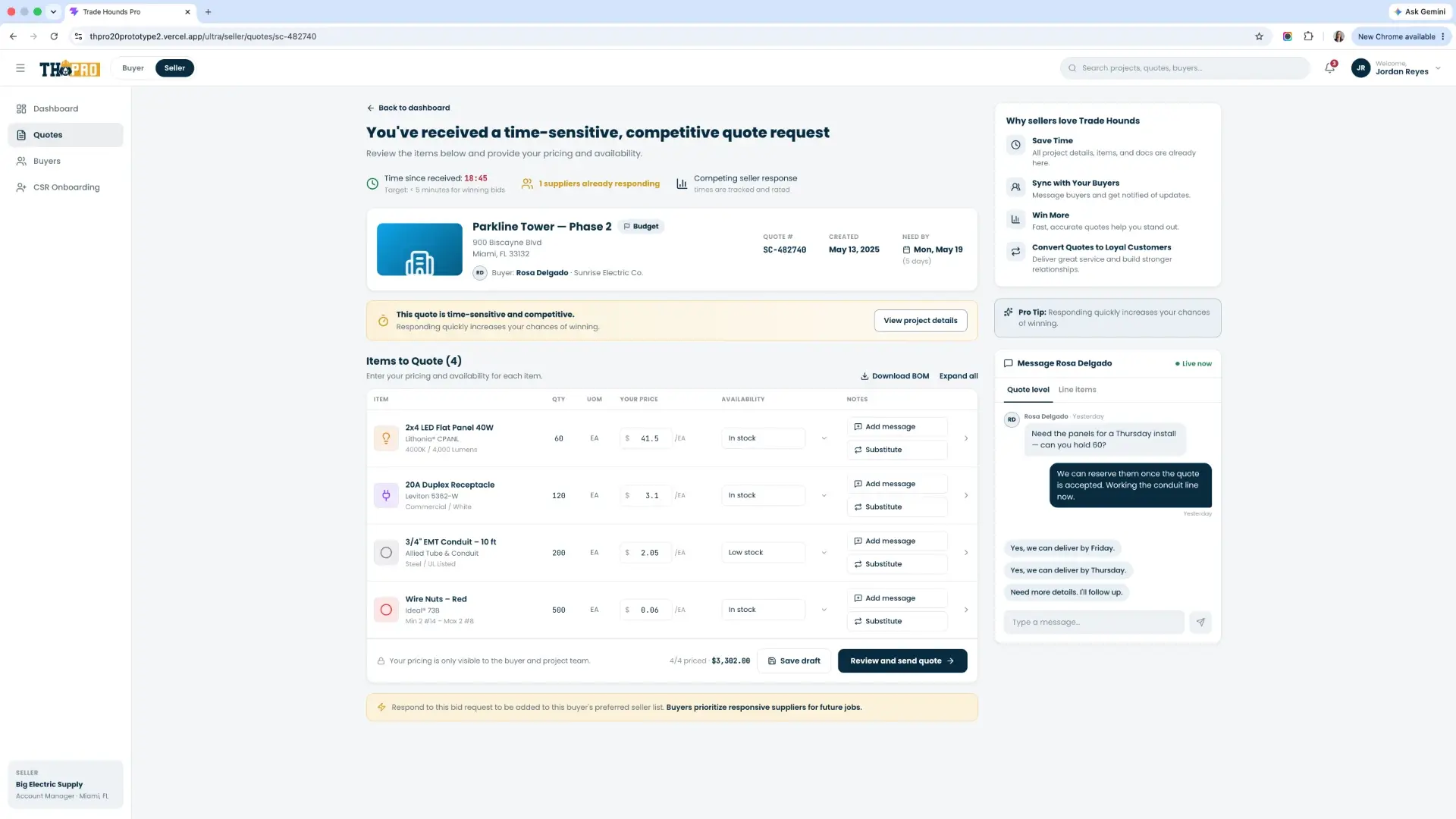 Distributor view of a time-sensitive quote request in Trade Hounds Pro