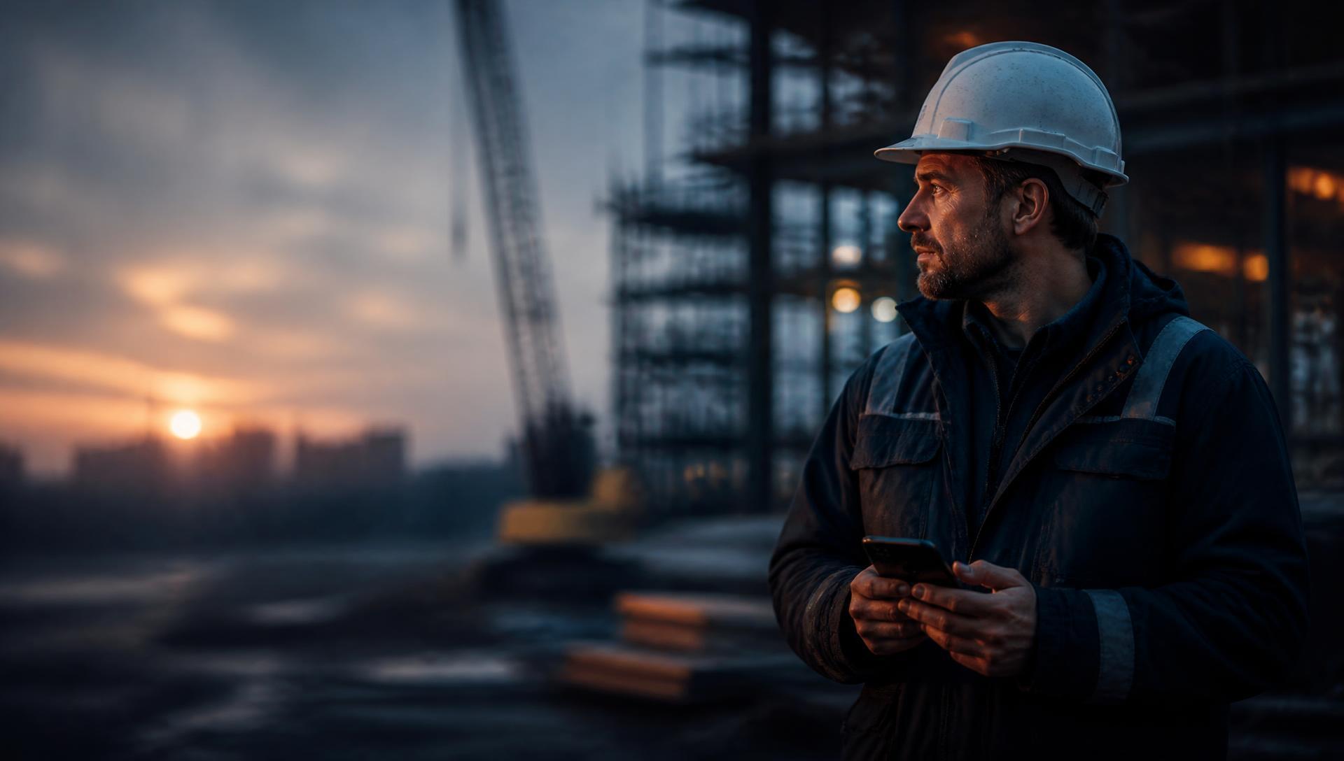 Contractor on a jobsite reviewing plans and using Trade Hounds Pro on a smartphone