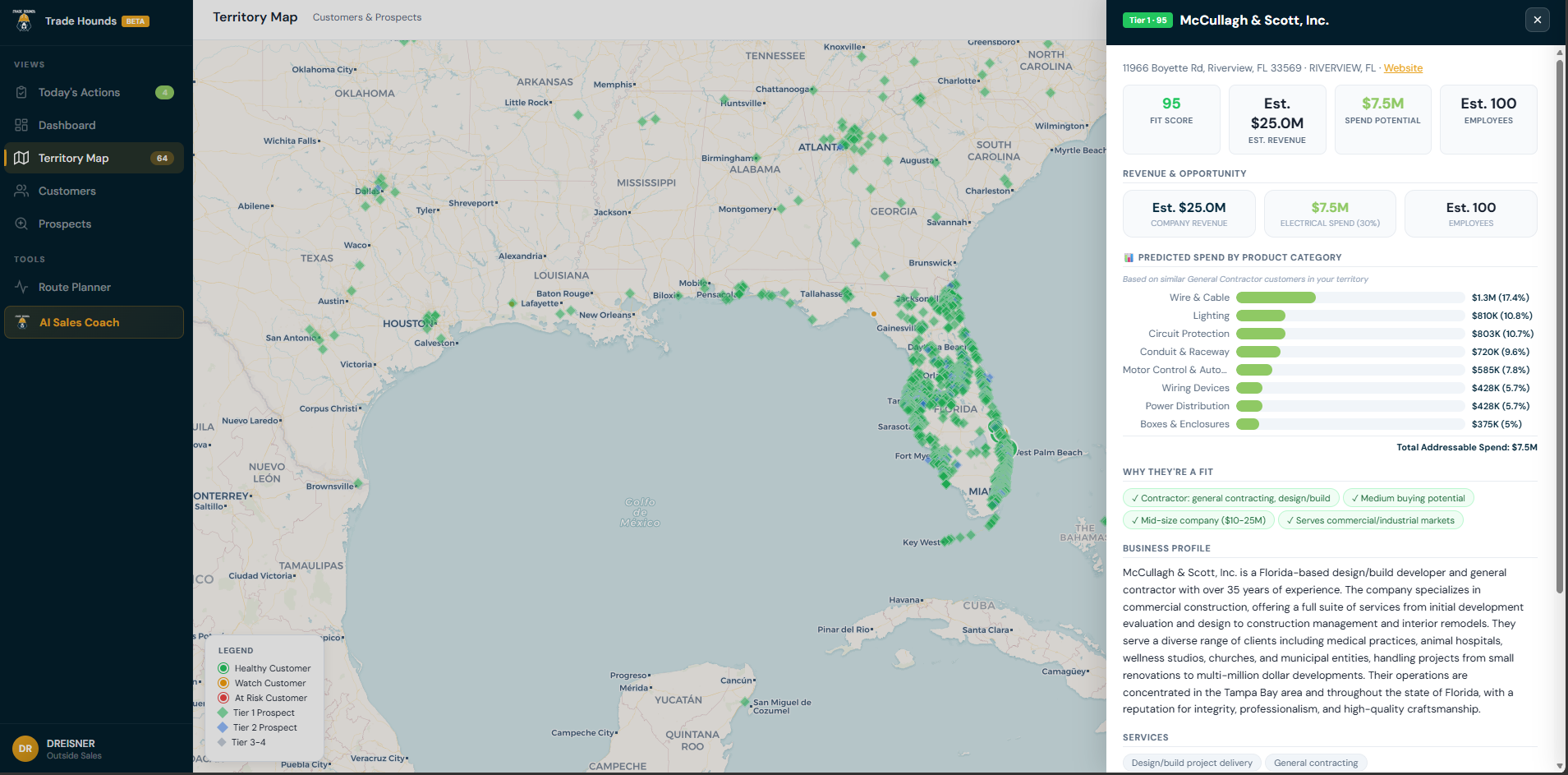 Territory map with customers and prospects
